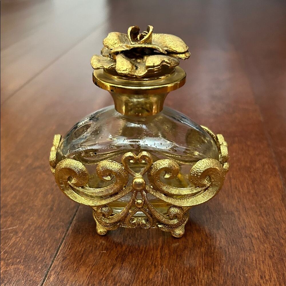 Vintage Ormolu Gold Decorative Glass Perfume Bottle, Hollywood Regency